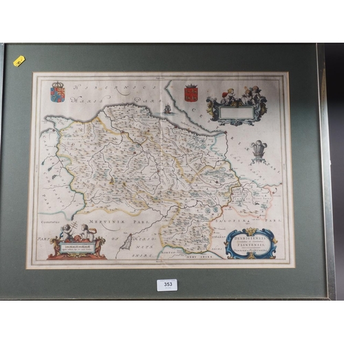 485 - A 17th century hand-coloured map of Denbigh and Flintshire, in gilt metal strip frame