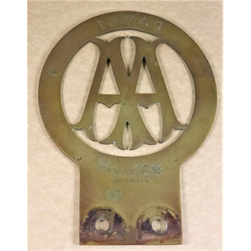 182 - Automobile Association Members Badge. A 'Stenson Cooke' badge numbered 17749 and dating from 1909, w... 