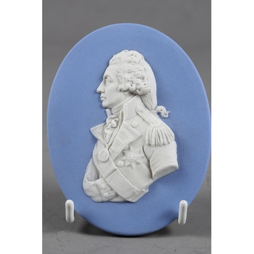 244 - An 18th century Wedgwood blue and white jasperware portrait medallion, Admiral Nelson, after the ori... 