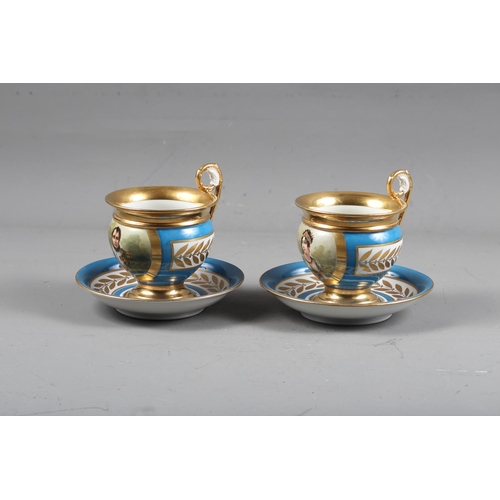 248 - A pair of 19th century  porcelain cabinet cups and saucers, decorated portraits of the Emperor Napol... 