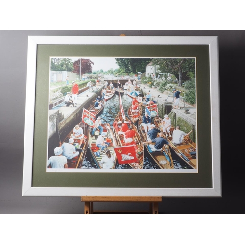 468 - W P Mundy: a limited edition print, swan upping, 13/450, in white painted strip frame, a print of He... 