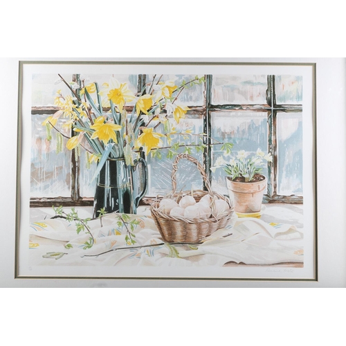 472 - Rosalind Foster: a signed limited edition colour print, basket of eggs, 62/150, in strip frame, and ... 