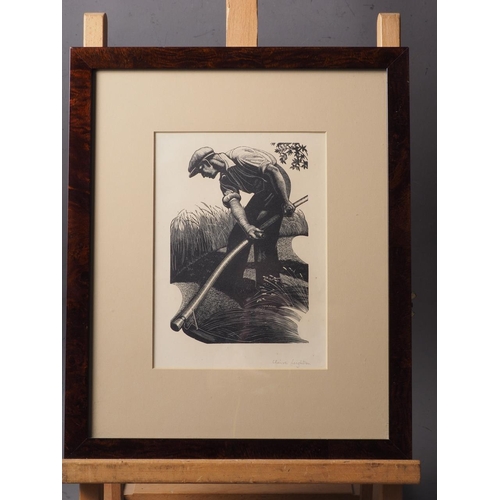 476 - Clare Leighton: wood engraving, figure with scythe harvesting, in wood effect frame