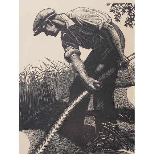 476 - Clare Leighton: wood engraving, figure with scythe harvesting, in wood effect frame