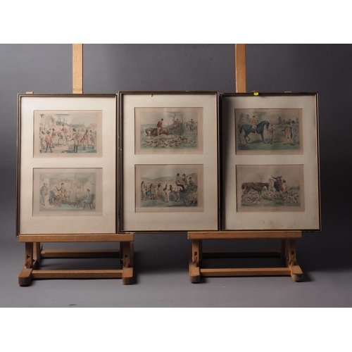 478 - A set of six 19th century hand-coloured hunting cartoons, in ebonised frames, two hand-coloured bota... 