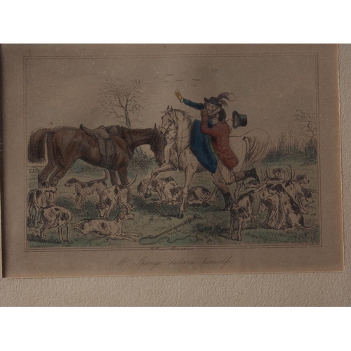 478 - A set of six 19th century hand-coloured hunting cartoons, in ebonised frames, two hand-coloured bota... 