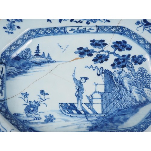 117 - A Chinese blue and white tureen and cover with figure, boat and landscape decoration, and insect and... 