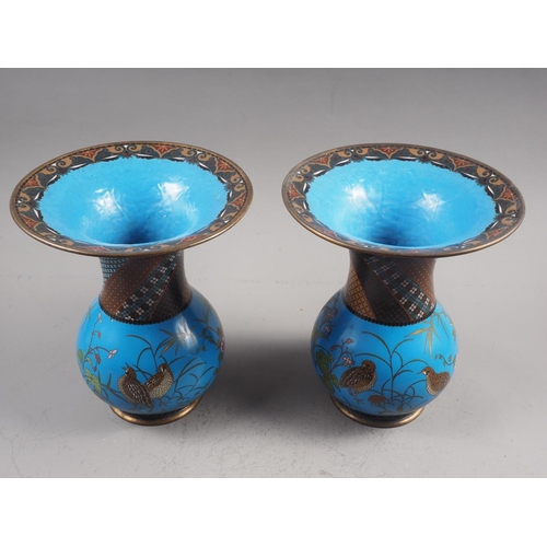 125 - A pair of early 20th century Japanese cloisonne vases with large everted rims, 10 1/2