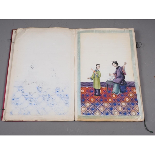 138 - Two silk bound albums of Chinese watercolours, figures and court scenes (some losses)