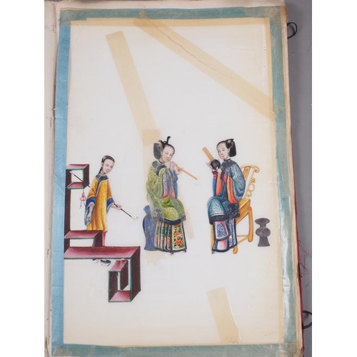 138 - Two silk bound albums of Chinese watercolours, figures and court scenes (some losses)