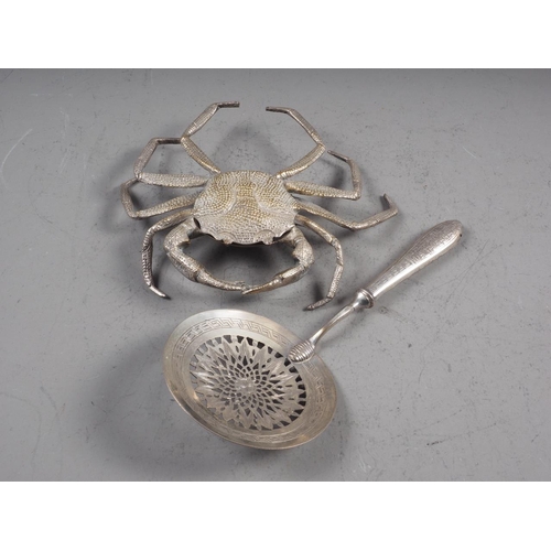 179 - A silvered metal model of a crab and a white metal server with circular pierced bowl