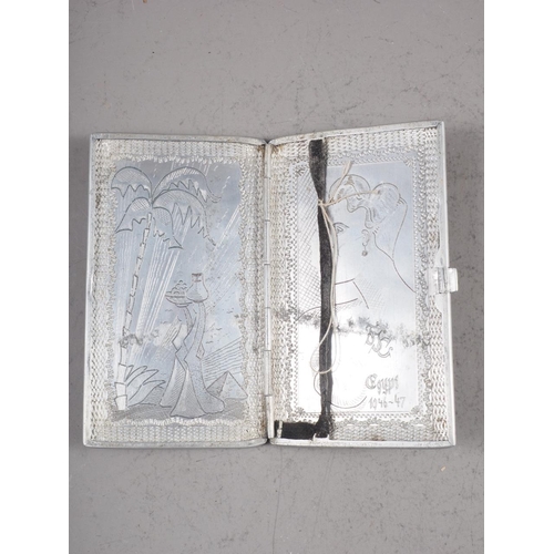 190 - Two early 20th century engraved aluminium cigarette cases, larger, 5 1/2