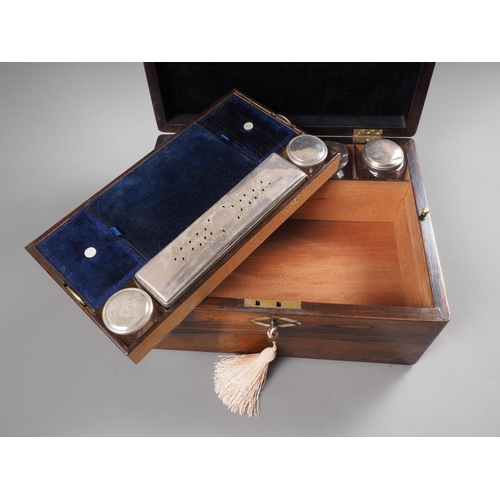 222 - A Victorian rosewood, abalone and silver plated gentleman's travelling dressing table box, 11 3/4