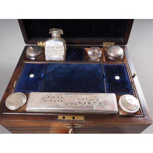 222 - A Victorian rosewood, abalone and silver plated gentleman's travelling dressing table box, 11 3/4