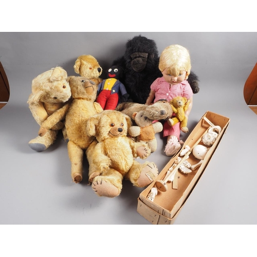 249 - A Pelham Skeleton Puppet, in box (unstringed), a quantity of Teddy bears and a doll