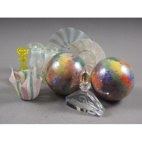 55 - A pair of glass baubles with multi-coloured spray decoration, two Venetian glass plates, a similar s... 