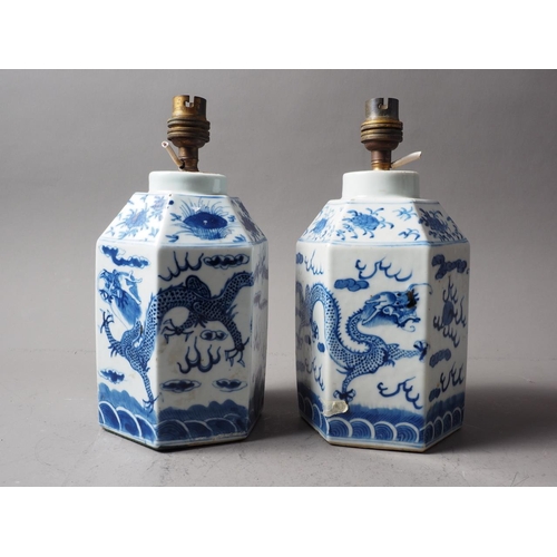 87 - A pair of 19th century Chinese blue and white hexagonal jars with dragon, flaming pearl and flower d... 