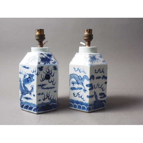 87 - A pair of 19th century Chinese blue and white hexagonal jars with dragon, flaming pearl and flower d... 