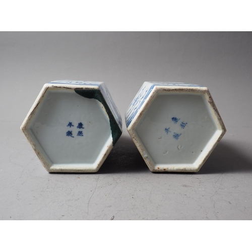 87 - A pair of 19th century Chinese blue and white hexagonal jars with dragon, flaming pearl and flower d... 