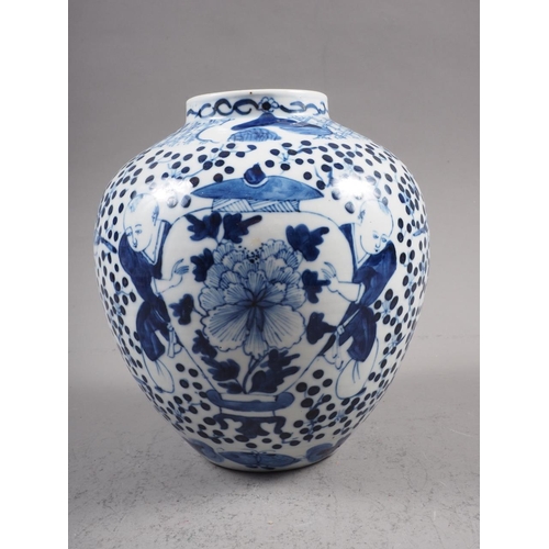 91 - A Chinese blue and white bulbous vase with figures carrying a vase, bird and insect decoration, seal... 