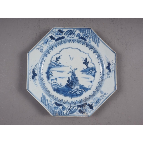 92 - A Chinese blue and white octagonal plate with bird, tree and flower decoration, 8 1/4