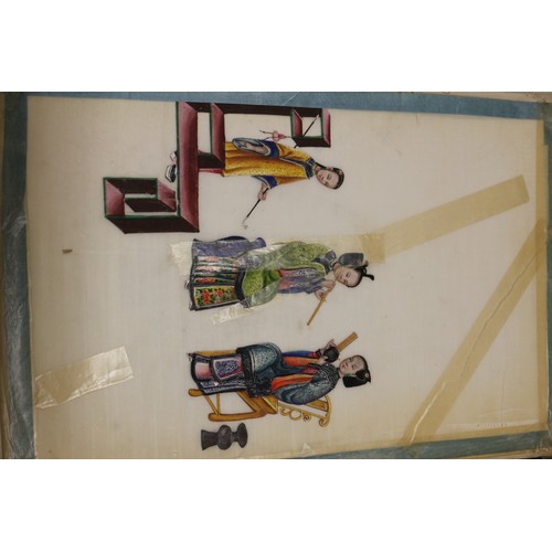 138 - Two silk bound albums of Chinese watercolours, figures and court scenes (some losses)