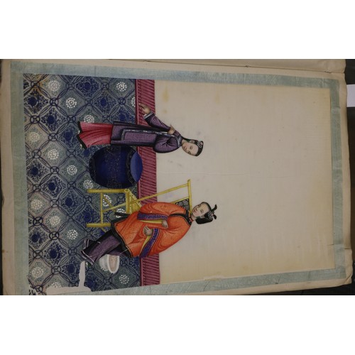 138 - Two silk bound albums of Chinese watercolours, figures and court scenes (some losses)