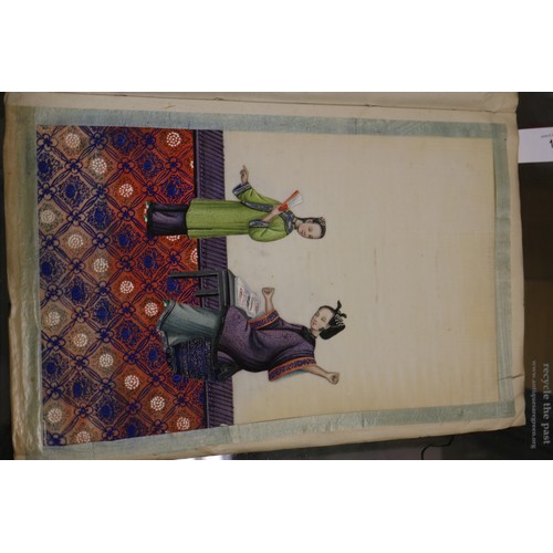 138 - Two silk bound albums of Chinese watercolours, figures and court scenes (some losses)