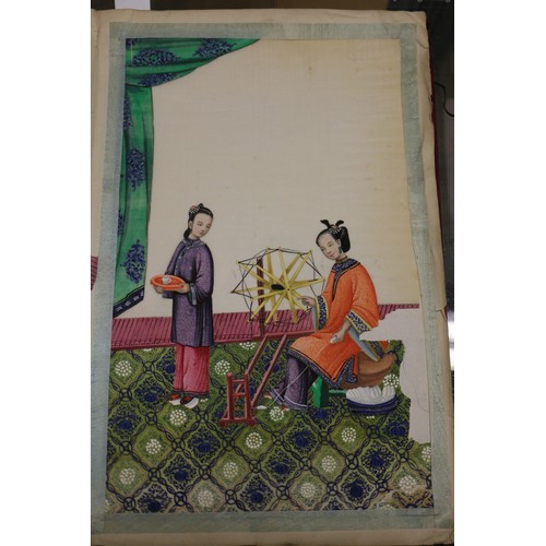 138 - Two silk bound albums of Chinese watercolours, figures and court scenes (some losses)