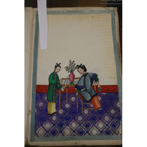 138 - Two silk bound albums of Chinese watercolours, figures and court scenes (some losses)