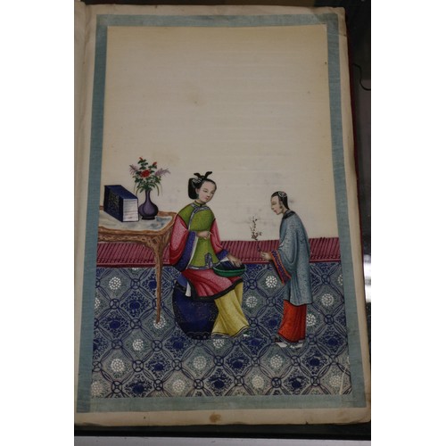 138 - Two silk bound albums of Chinese watercolours, figures and court scenes (some losses)