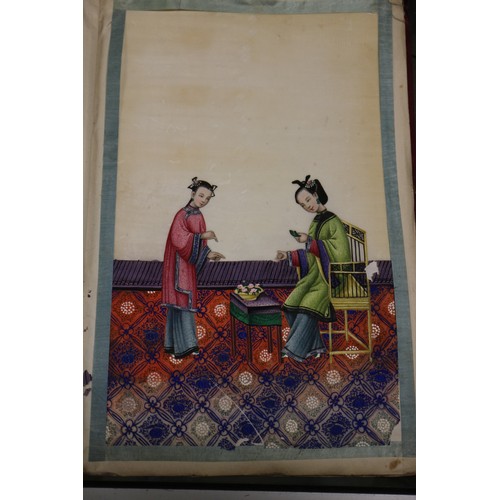 138 - Two silk bound albums of Chinese watercolours, figures and court scenes (some losses)