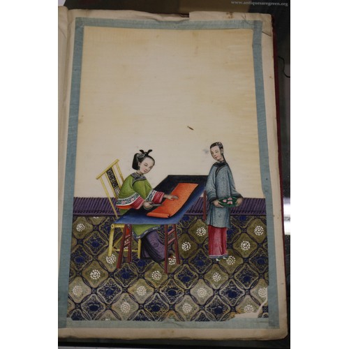 138 - Two silk bound albums of Chinese watercolours, figures and court scenes (some losses)