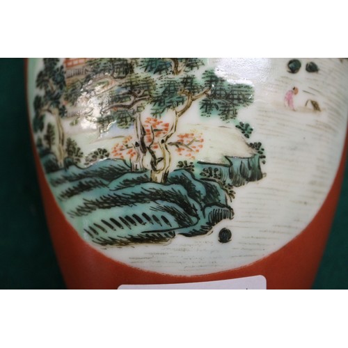 113 - A pair of Chinese wall pockets, formed as vases, decorated panels with landscapes on an orange groun... 