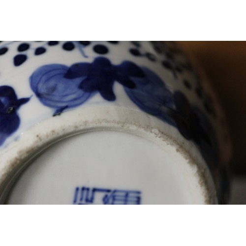 91 - A Chinese blue and white bulbous vase with figures carrying a vase, bird and insect decoration, seal... 