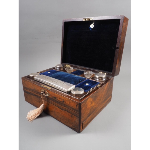 159 - A Victorian rosewood, abalone and silver plated gentleman's travelling dressing table box, 11 3/4