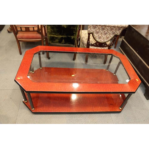 498 - A contemporary figured ash and lacquered octagonal coffee table with inset glass plate and ebonised ... 