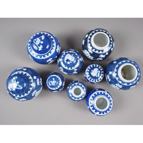 108 - Nine Chinese blue and white ginger jars, various sizes, all with double ring marks to bases, smalles... 