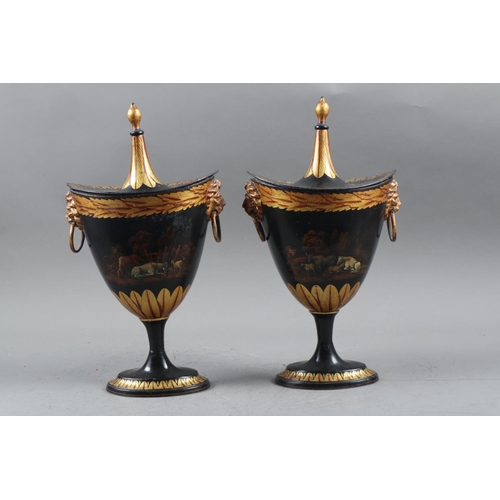 146 - A pair of early 19th century toleware gilt decorated chestnut urns and covers with farm animal scene... 