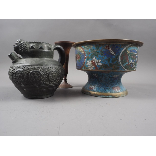 154 - A brass and champleve bowl with bird and dragon designs, 9 1/4