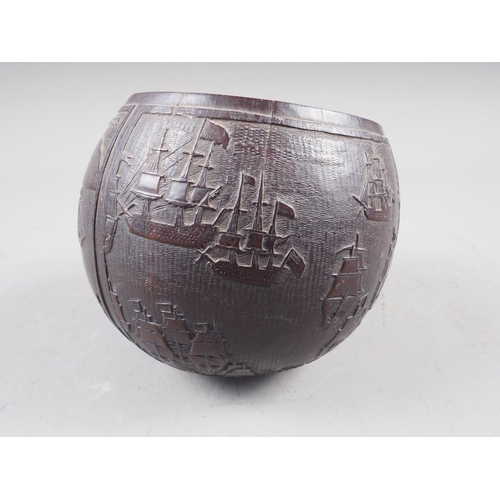 209 - An 18th century carved coconut cup, commemorating Sir G E Rodney's breaking of the French line 12 Ap... 