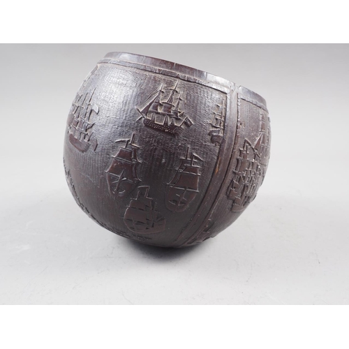 209 - An 18th century carved coconut cup, commemorating Sir G E Rodney's breaking of the French line 12 Ap... 