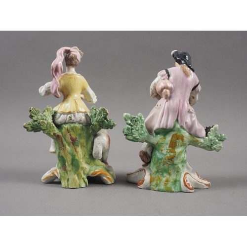 21 - A pair of 18th century Staffordshire pottery figures after Derby originals, bagpipe player and lute ... 