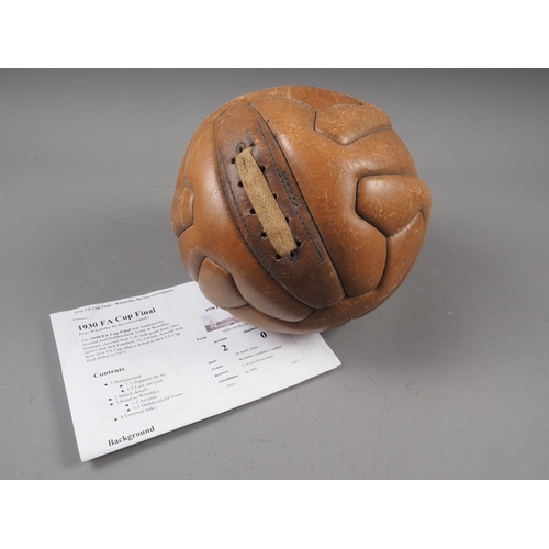 216 - A 1930 leather football, said to have been used at the FA Cup final at Wembley, Arsenal versus Hudde... 