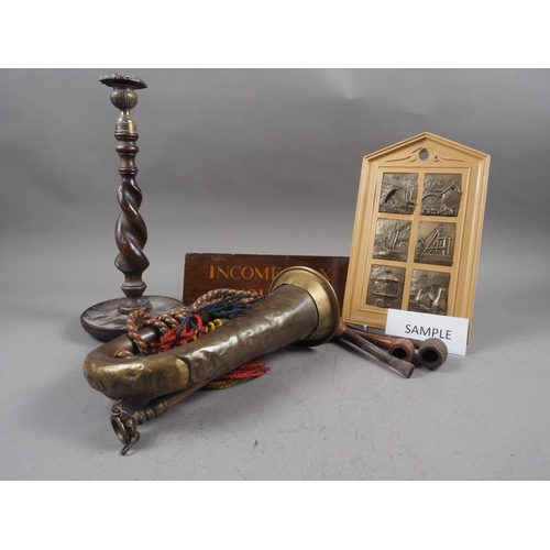 218 - A copper and brass bugle, a set of letter scales, an oak barley twist candlestick and other items