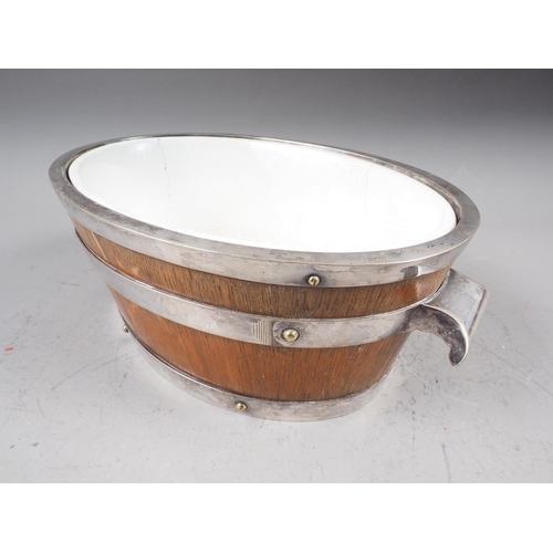 290 - A silver plate coopered oak two-handled ice bucket with white ceramic lining (cracked), 10