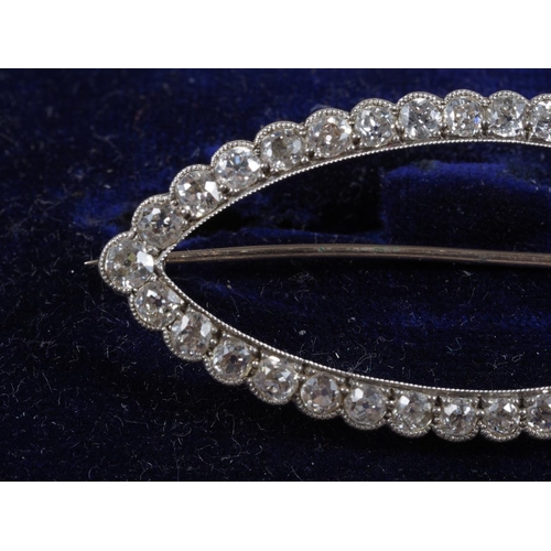 335 - A white metal and diamond navette-shaped brooch, thirty-four old cut diamonds, 49mm wide overall, 5.... 