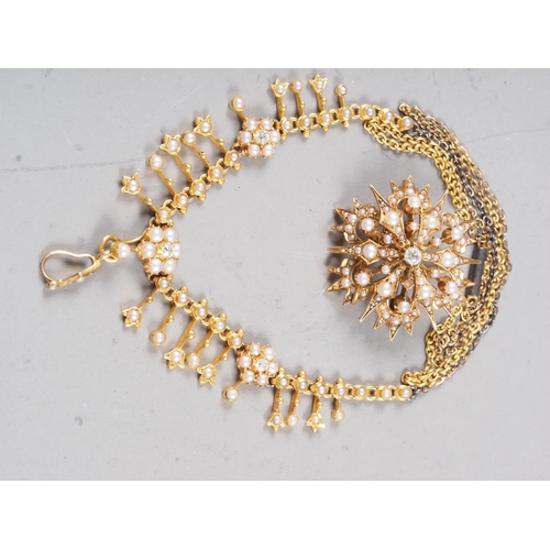 338 - A yellow metal, pearl and diamond pendant/brooch and necklace, necklace 19