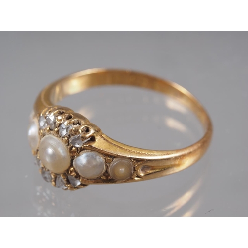 345 - An 18ct gold,  pearl and  diamond dress ring, size O, 3.3g... 