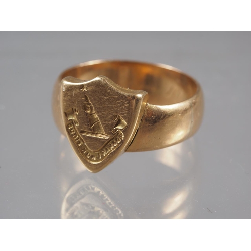 347 - An 18ct gold shield-shaped signet ring, size G/H, 3.7g